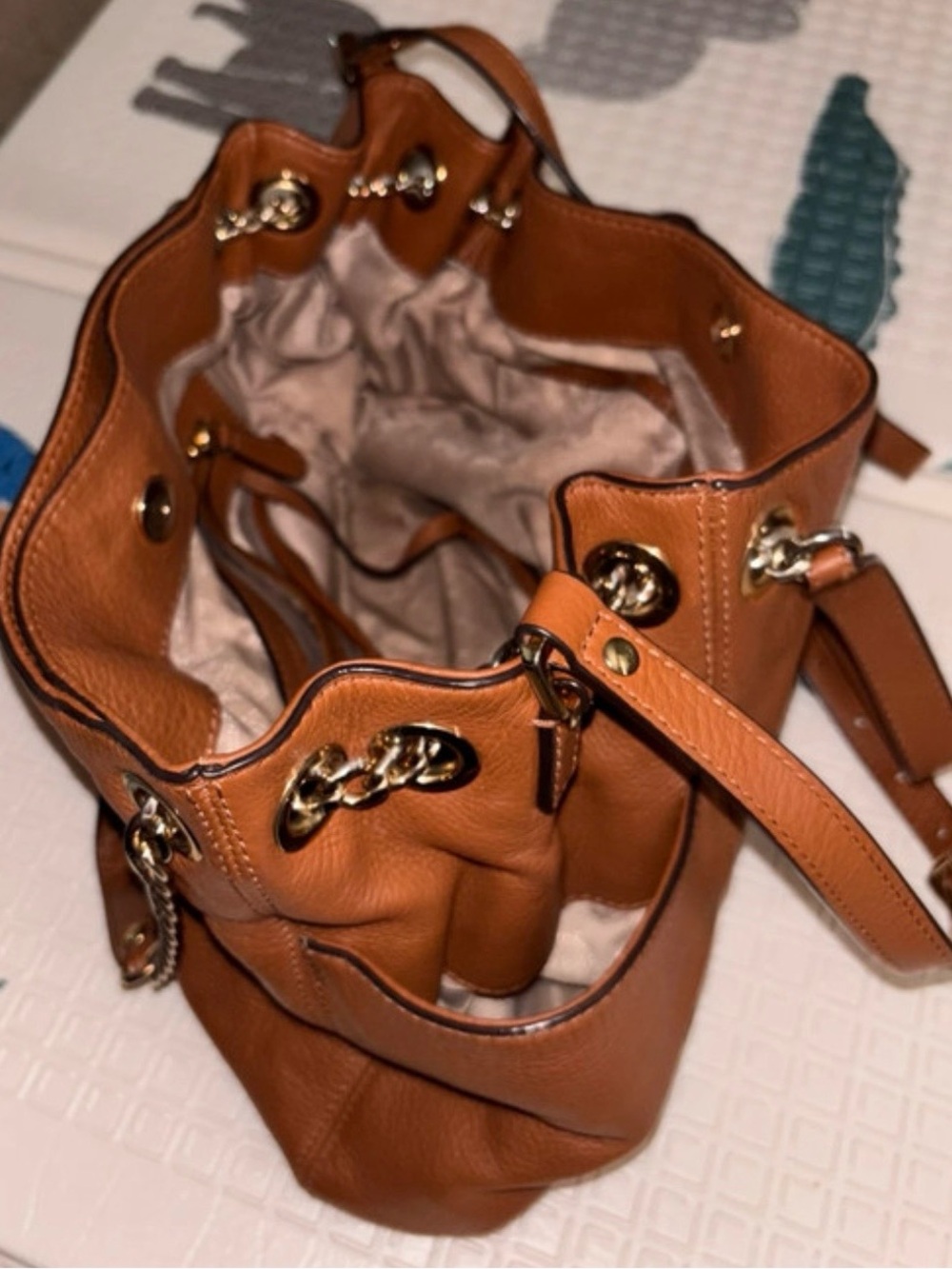 Michael Kors Cognac Pebbled Leather Shoulder Bag with Chain Charm - Picture 8 of 10